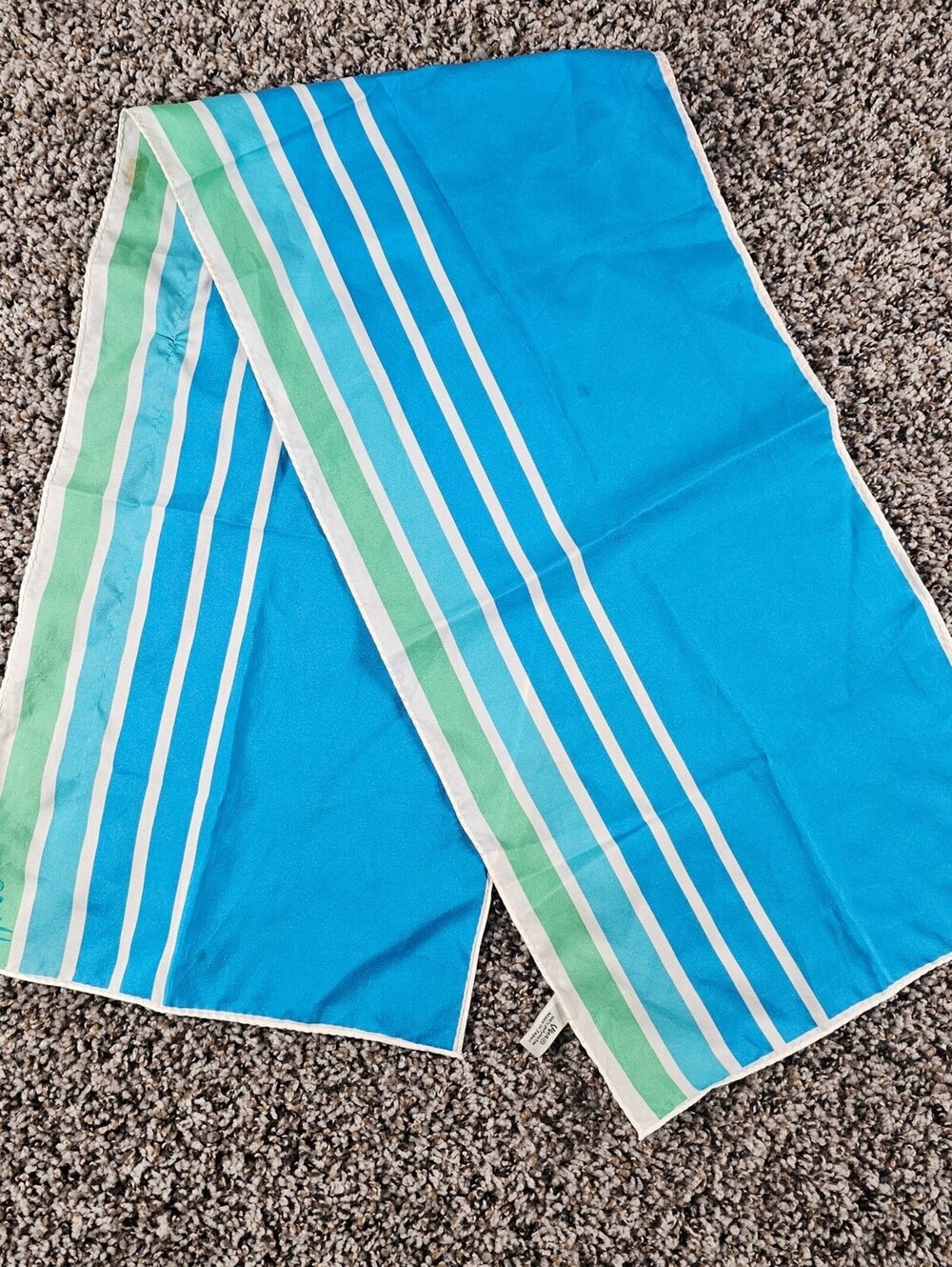 Vintage Vera Womens Long Satin Scarf Bright Blue Green Striped Print